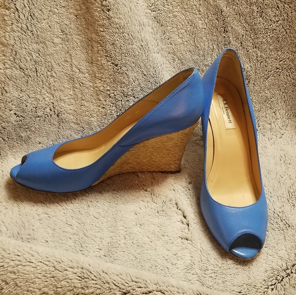 LK Bennett Shoes - LK Bennett Blue Leather Peep-Toe Wedge Espadrilles